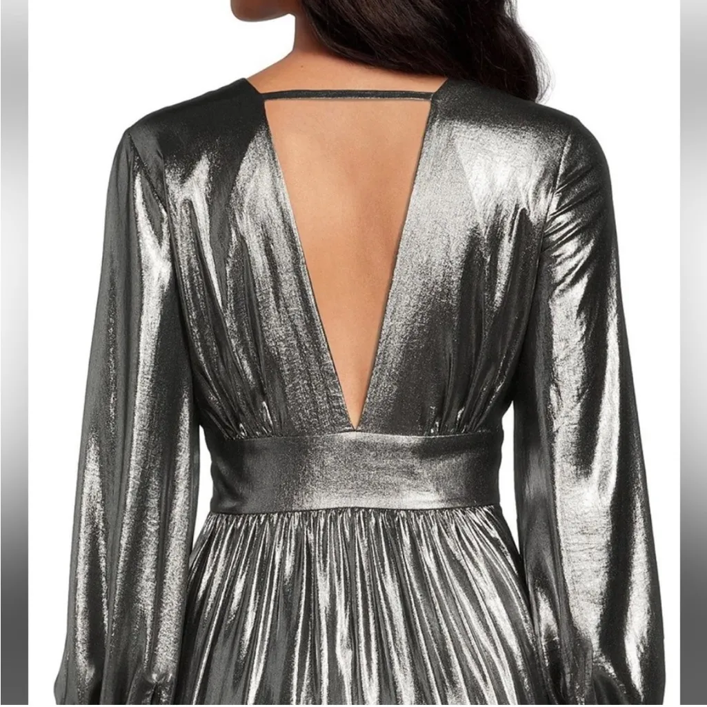 NEW Gianni Bini Zella Metallic Lame Plunging V-Back Front Slit Gown Maxi Dress - Image 3