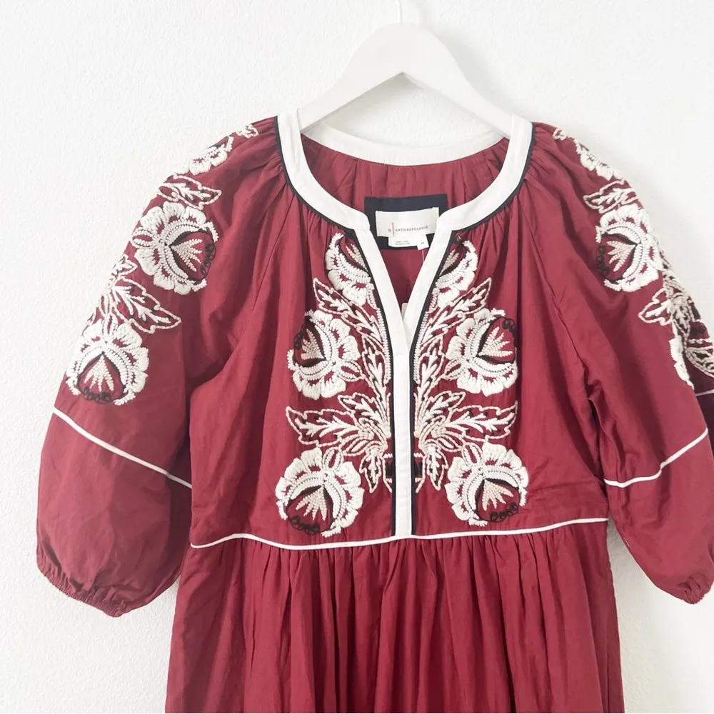 Anthropologie Gretel Embroidered Maxi Dress Maroon White XS NWT - Image 4