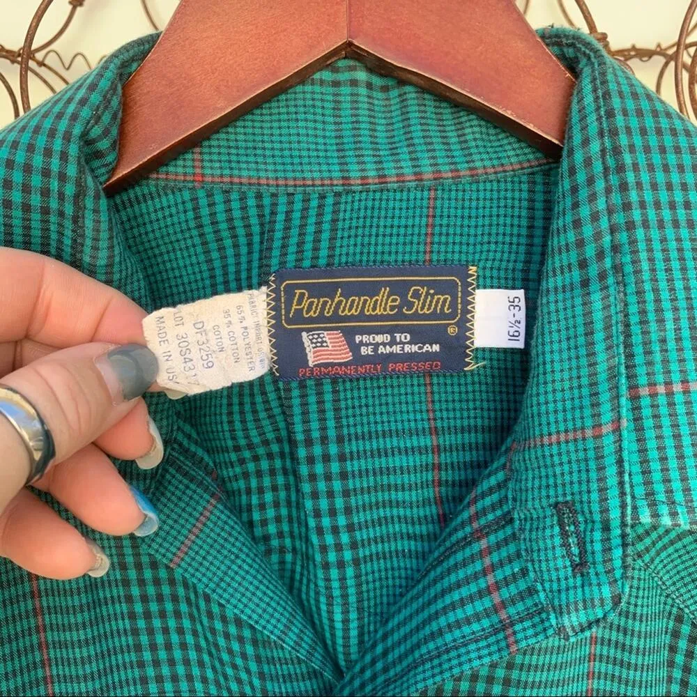 Vintage Panhandle Slim green blue plaid pearl snap western shirt Size L - Image 5