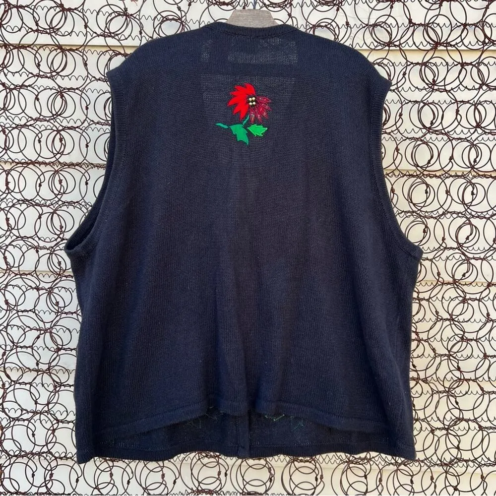 Vintage 90s Y2K appliqué poinsettia beaded sweater vest volup 26W/28W - Image 3