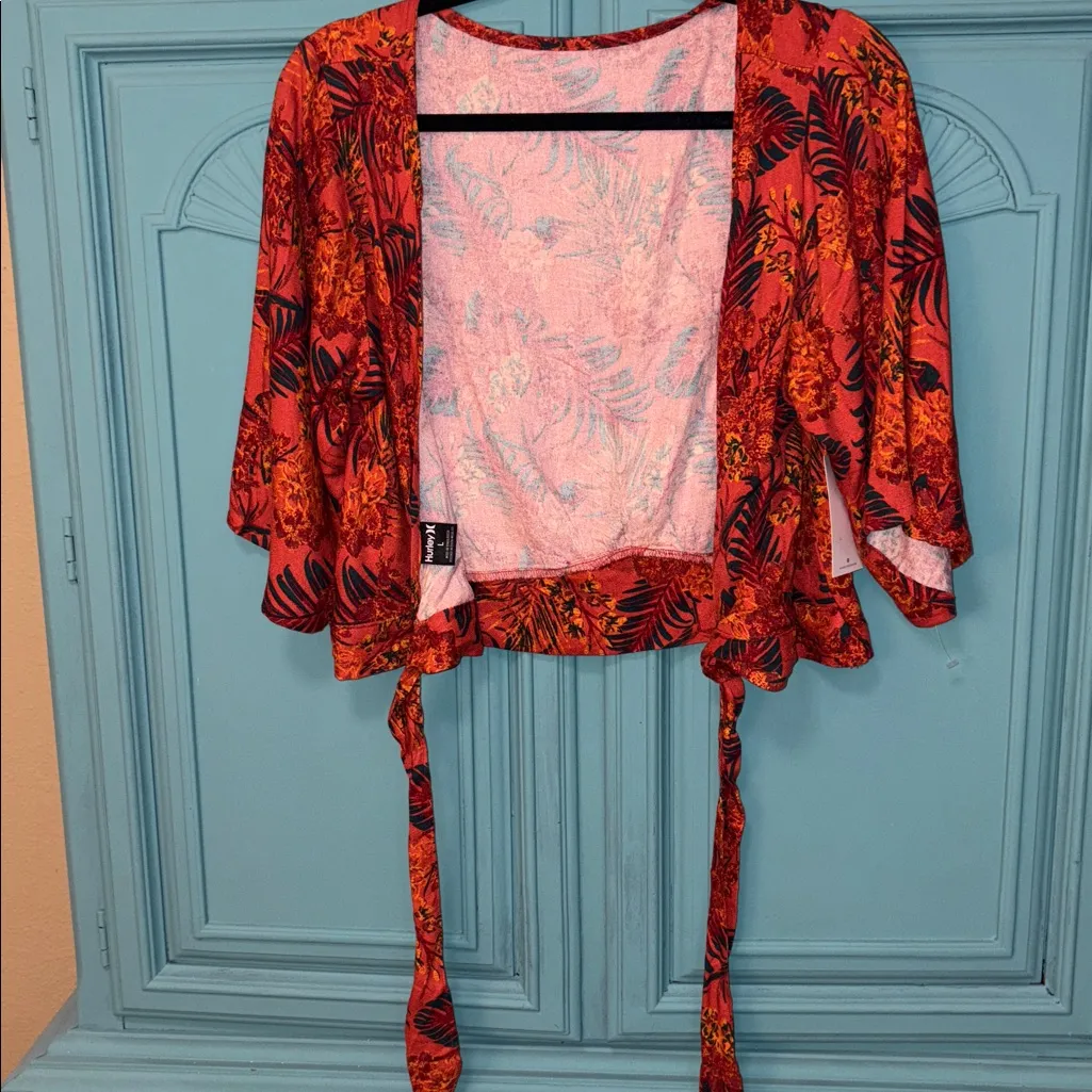 NWT Hurley Summer Palm Flounce Top orange red palm print - deep v tie back - Image 7