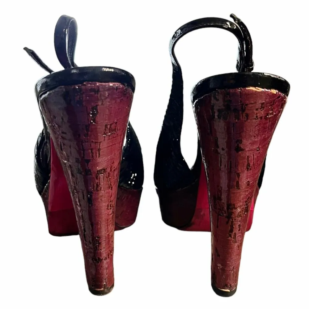 MIU MIU Black Patent Leather Sandals Peep Toe Sling Back Platforms Italy 38.5 - Image 9