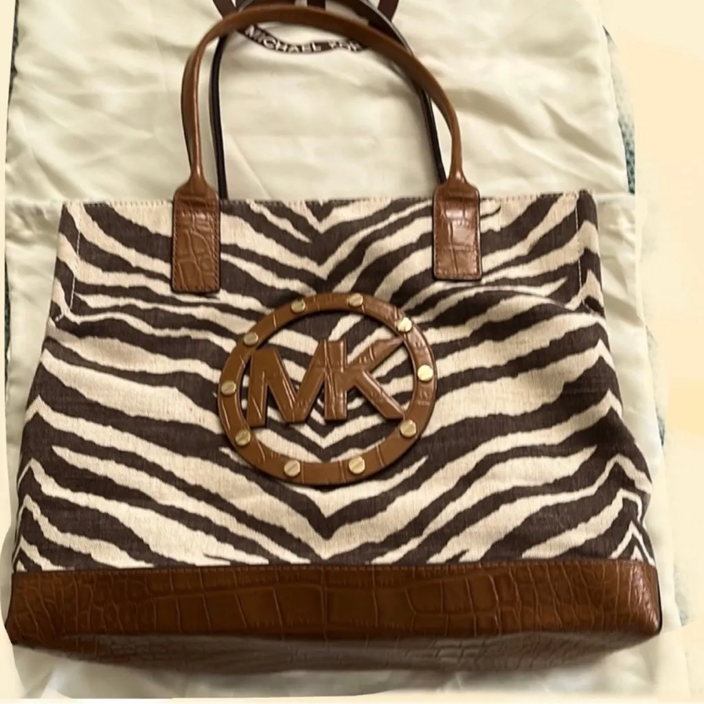 Michael Kors Zebra Print Tote and Clutch Set - Brown - Image 12