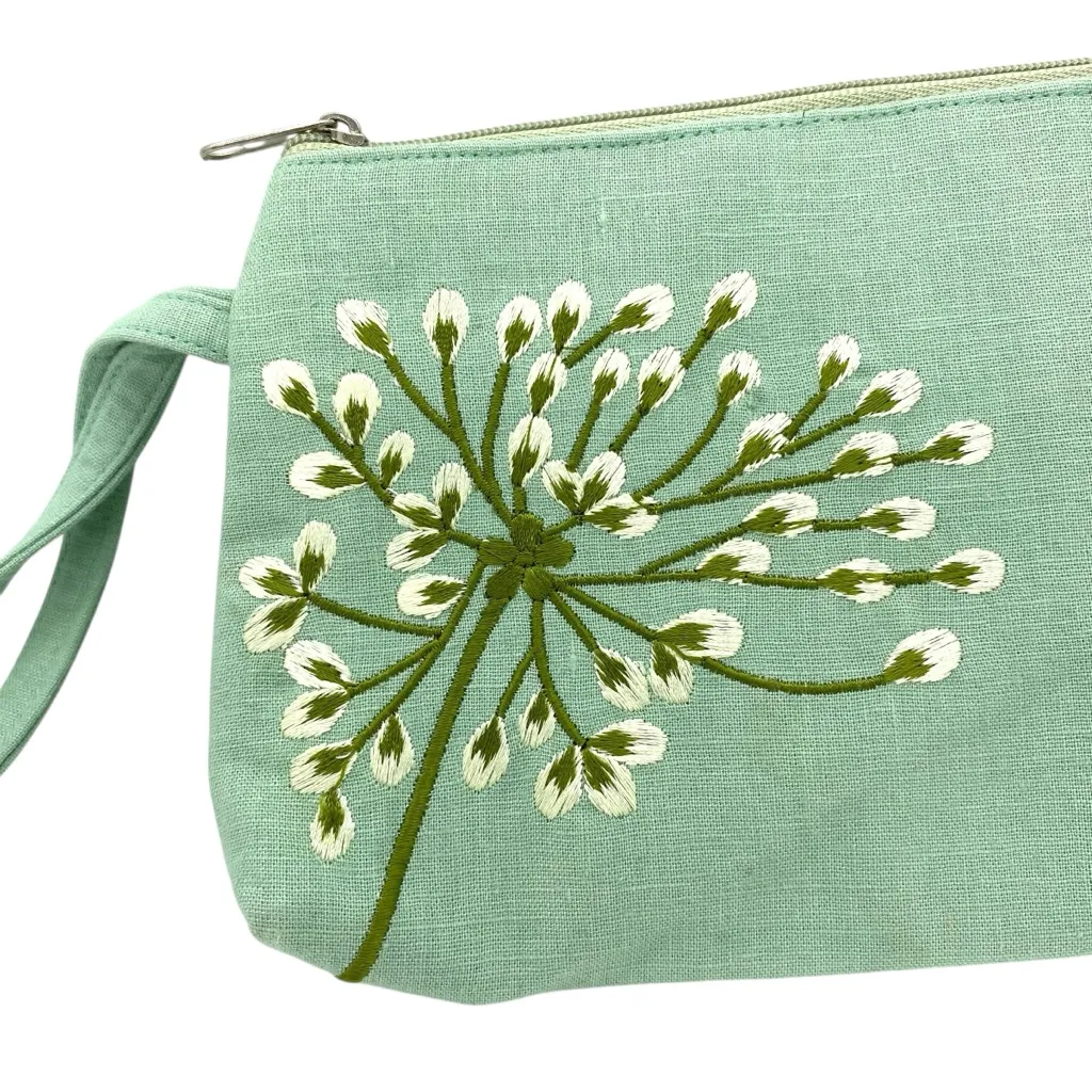Red Blossom Embroidered Dandelion Wristlet Purse Green - Image 2