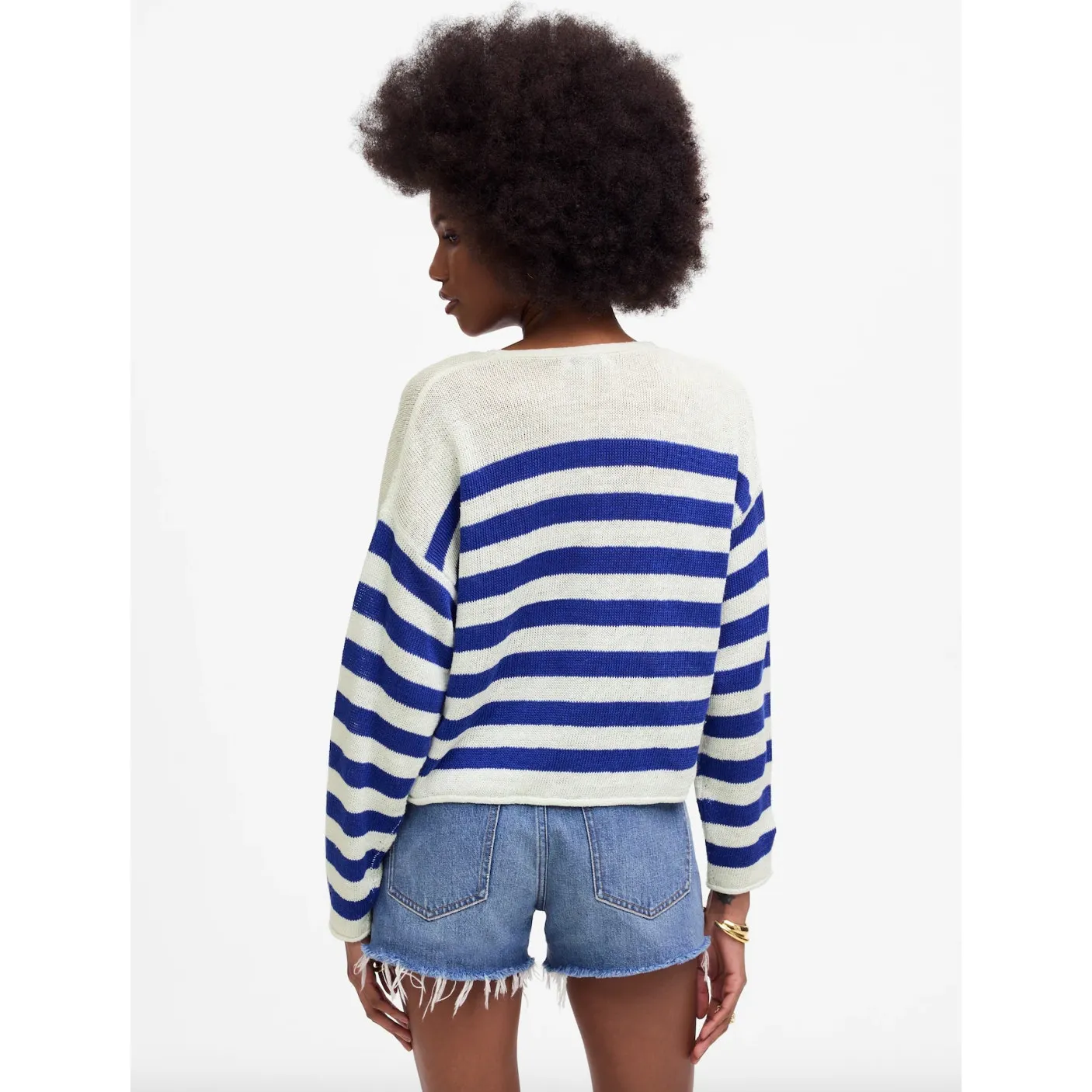 Madewell Linen V Neck Sweater Striped Sapphire Blue Relaxed Nautical Small NWT - Image 3