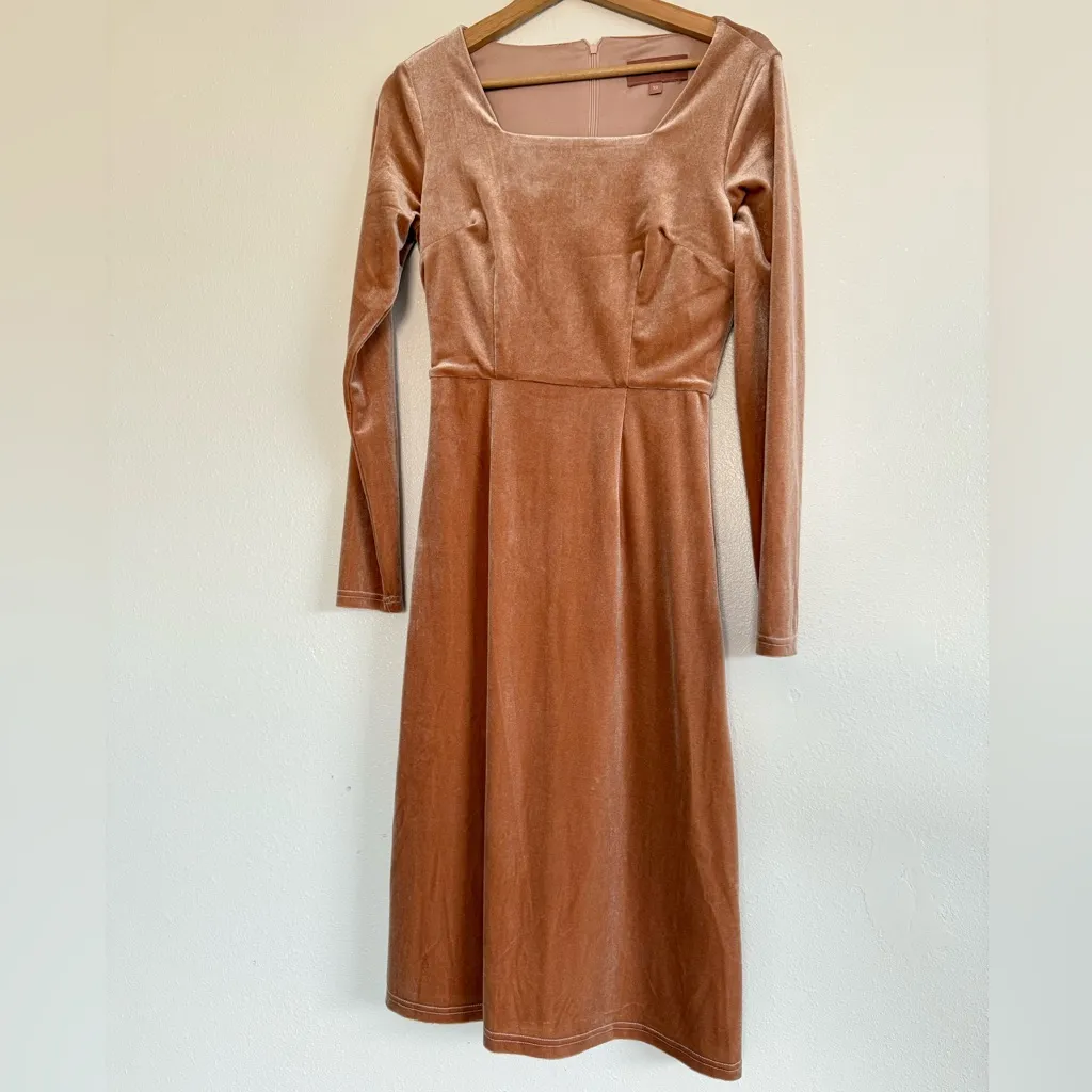 JessaKae wonder velvet dress Elegant Brown midi Long Sleeve size XS Tan - Image 3