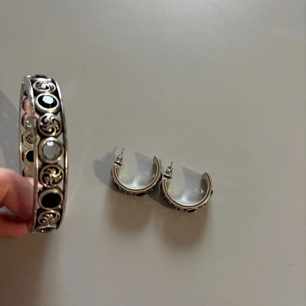 BRIGHTON Vintage Hinged Silver Bangle Matching Rhinestone Earring Set Art Deco - Image 2