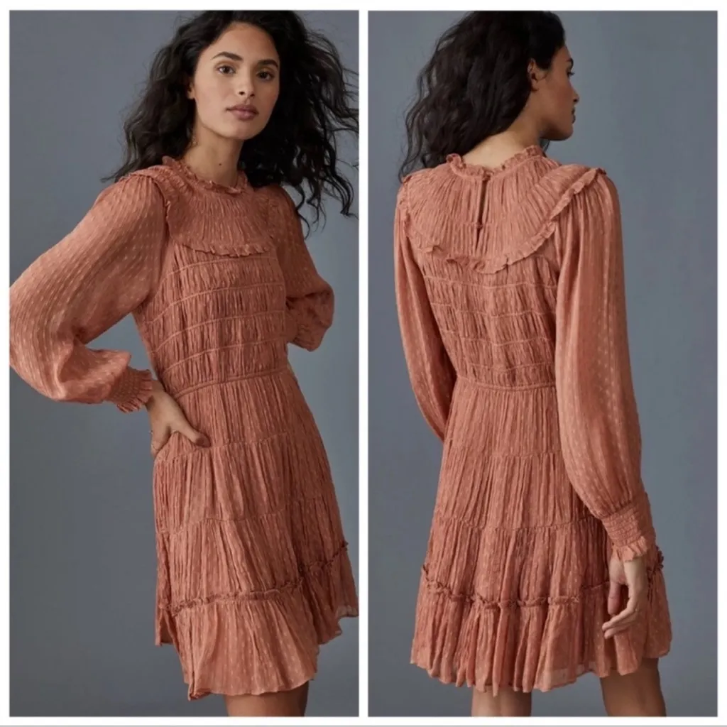 By Anthropologie Dalia Ruffle Smocked Long Sleeve Mini Dress Pink Rose size XS - Image 2