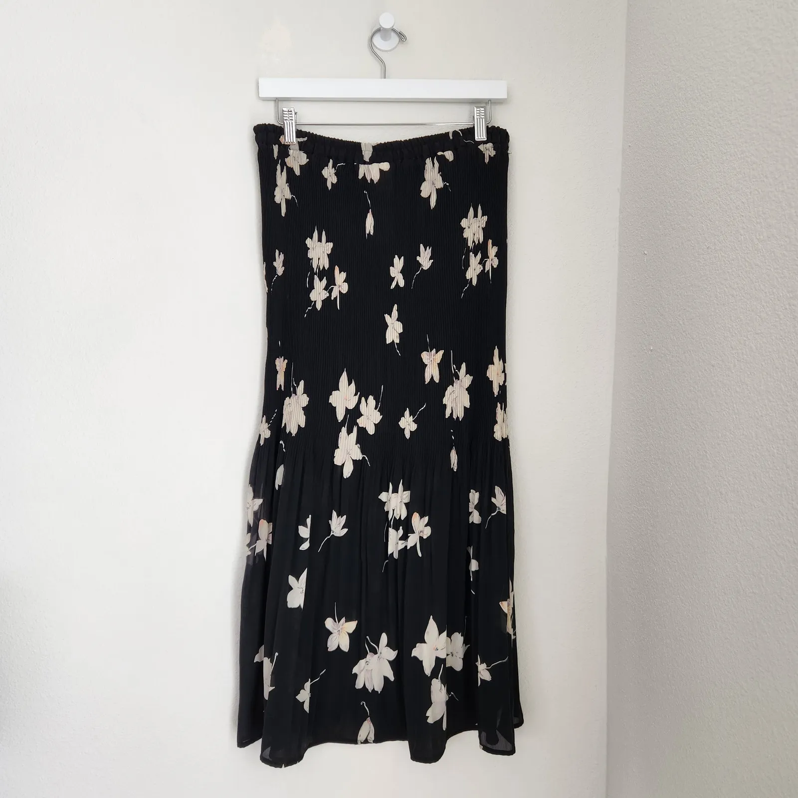 Vintage 90s Black Floral Pleated Chiffon Midi Skirt Whimsigoth Coquette M - Image 6