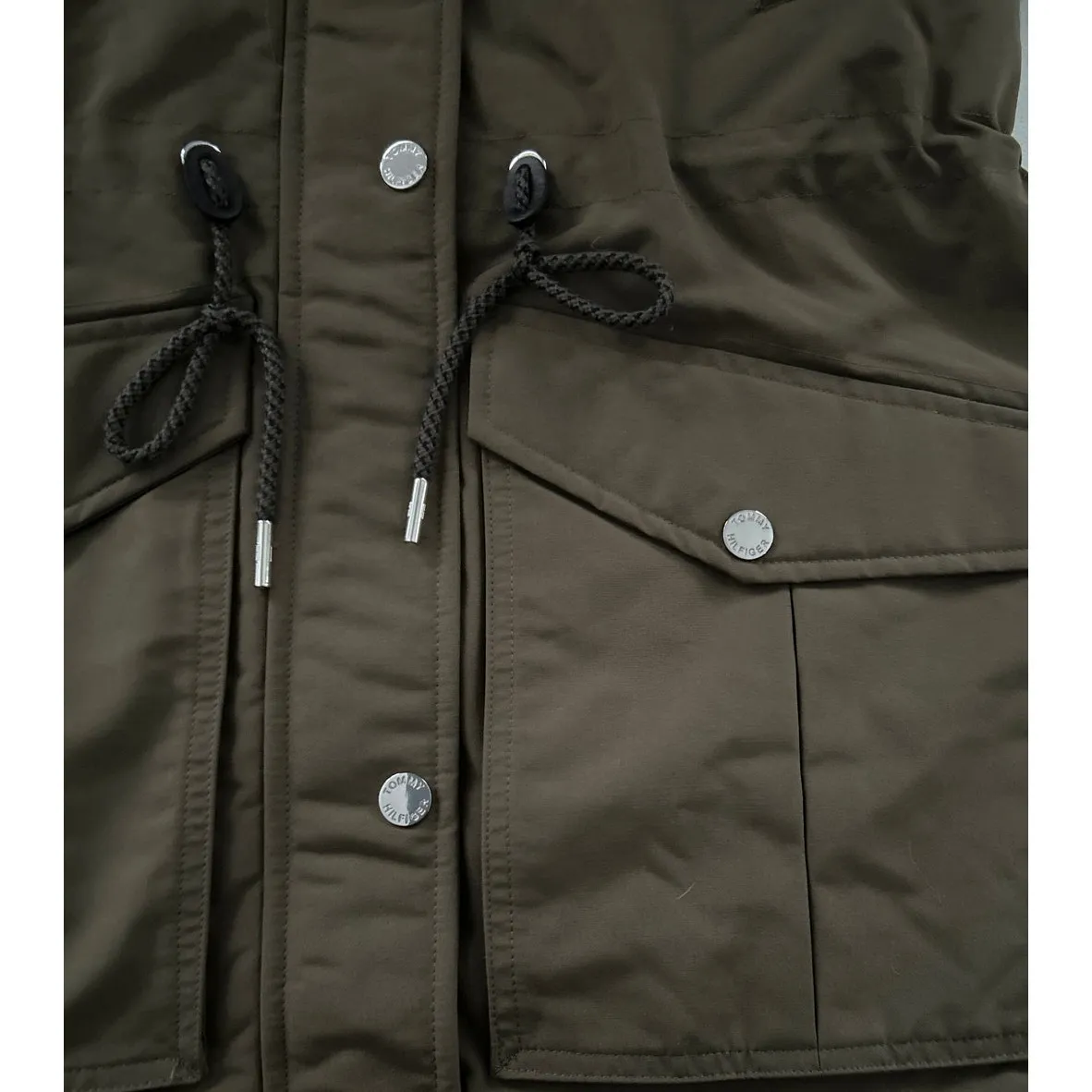 Tommy Hilfiger Ladies Green Juniper Parka Jacket Lined Hood Rib Storm Cuff XS - Image 7