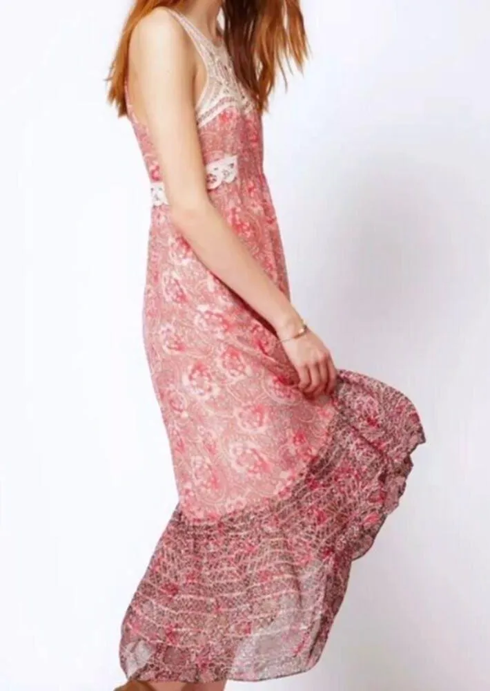 Free People Womens Battenberg Lace Crochet Floral Tiered Maxi Dress Size 2 - Image 3