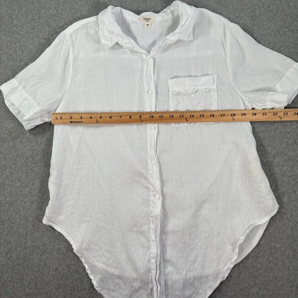 Dylan White Button Front Short Sleeve Blouse Women's Medium Linen Cotton Pocket - Image 6