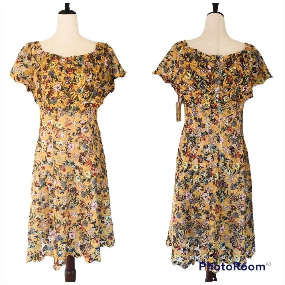 ALEX MARIE Off The Shoulder Yellow Lace Midi Dress Floral Print‎ Size 6 New - Image 2
