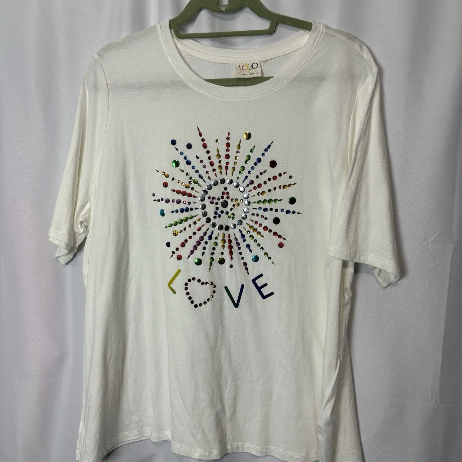 LOGO by Lori Goldstein Women's Top Sz XL Pride Crewneck Knit Tee White Rainbow - Image 2