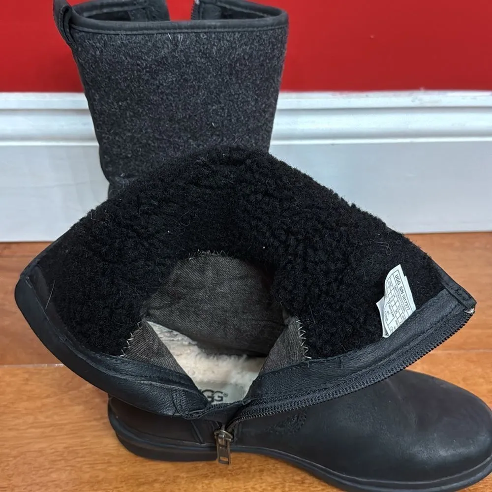 UGG Waterproof Black Leather Wool Shearling Mid-Calf Robbie Moto Boots 5 - Image 11