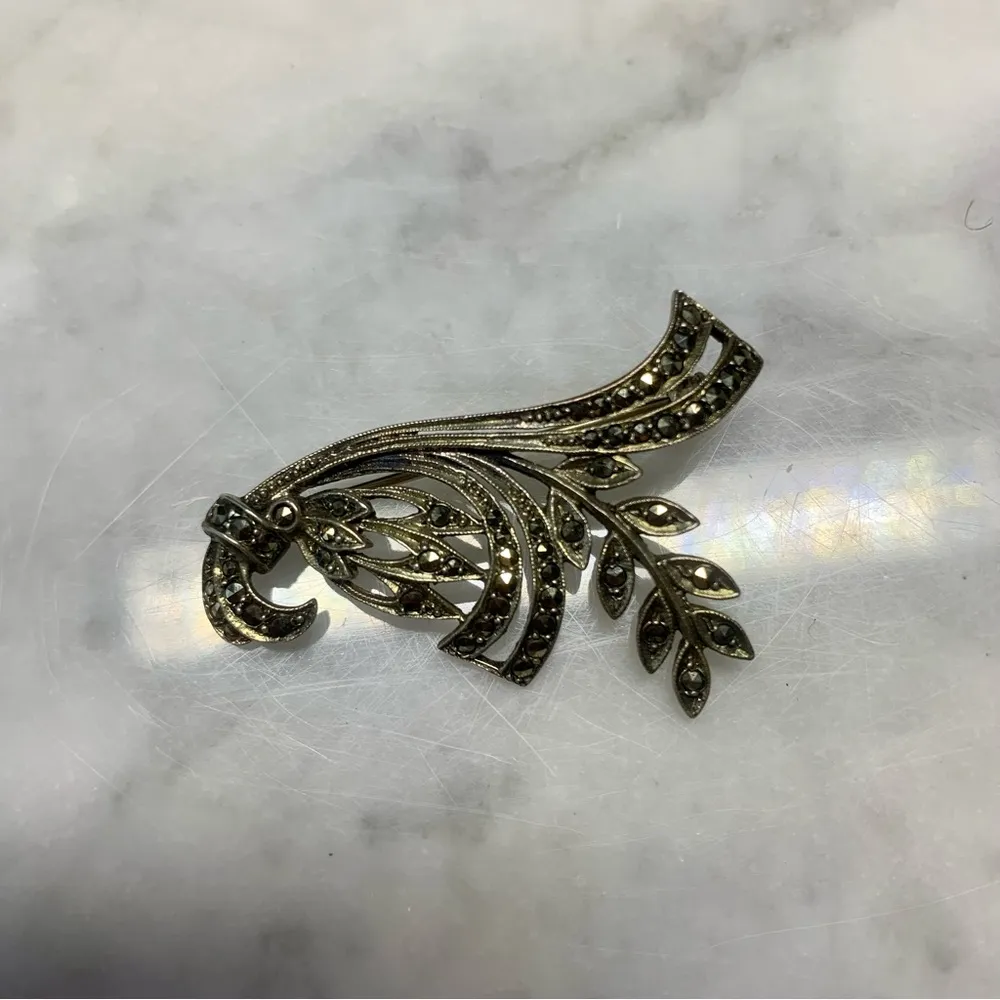 Sweden .830 Silver Marcasite Brooch Lapel Pin Three Crown Mark - Image 2