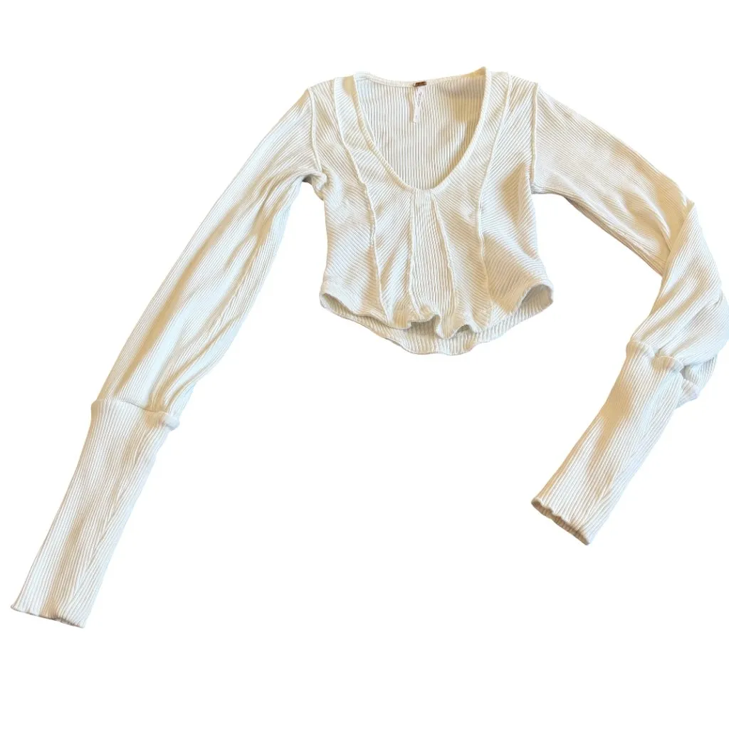 Free People Petra U-Neck Cotton Blend Crop Top Shirt Long Sleeve Size Small - Image 3