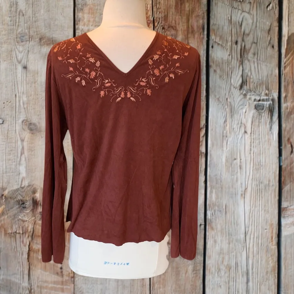Western Top Split Long Sleeve Faux Suede Shirt Brown Womens S Embroidered V Neck - Image 9