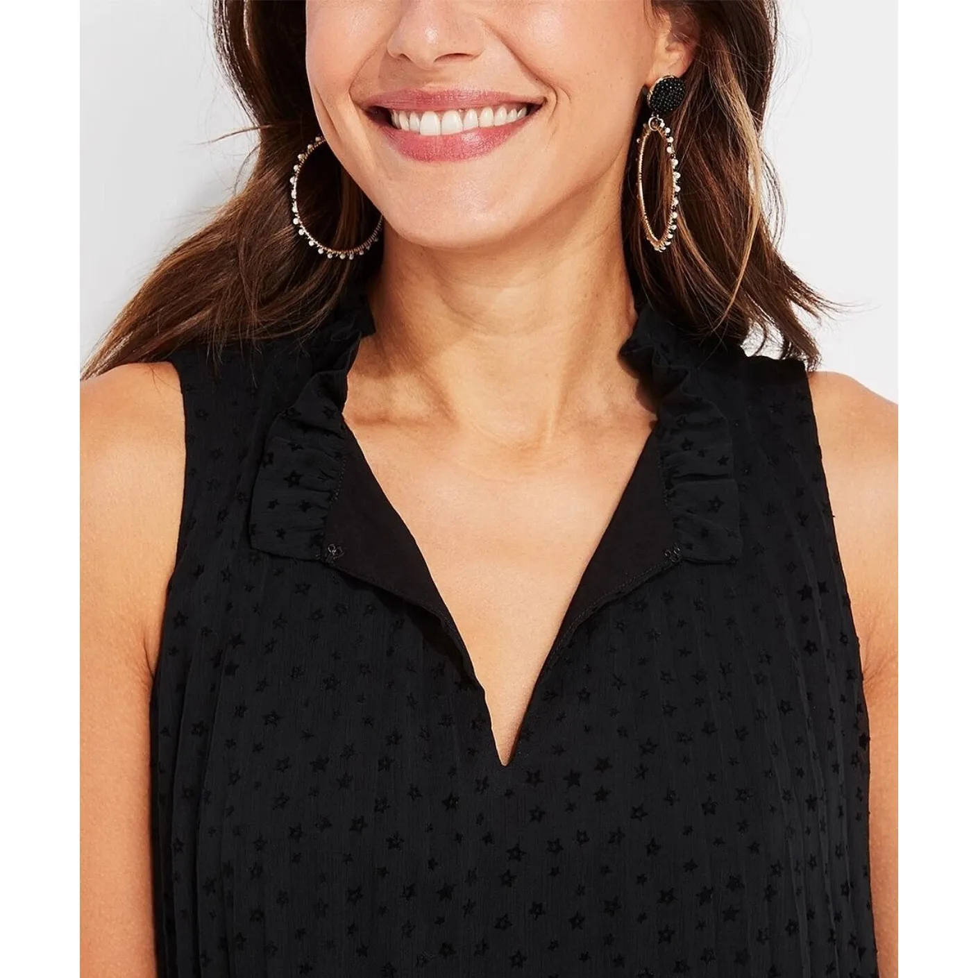 Vineyard Vines Black Keyhole Swing Dress  Pleated Ruffle Neck Star Print XL‎ - Image 3