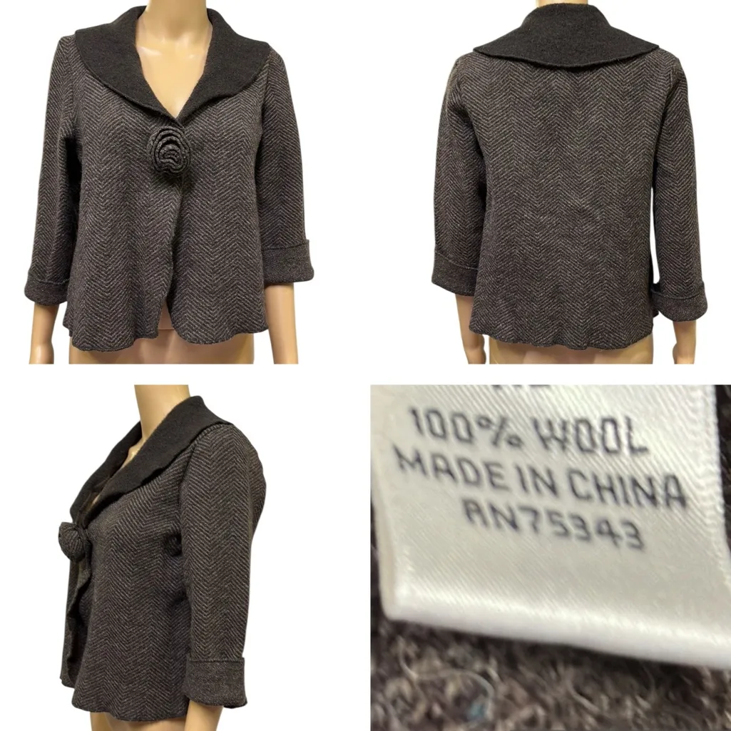 Susan Bristol Wool 3 Quarter Sleeve Cardigan Jacket Brown Herringbone Medium - Image 2