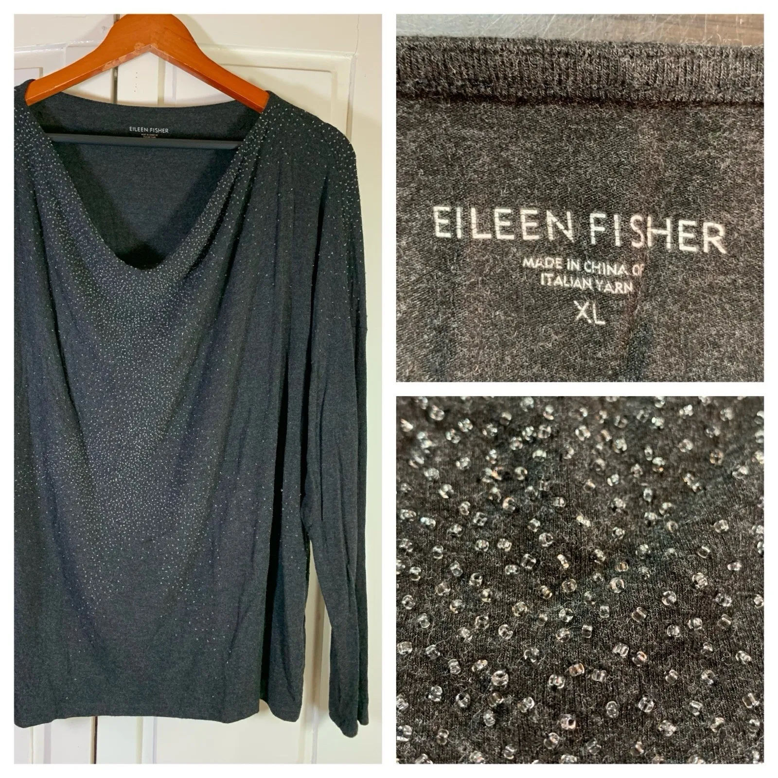 Eileen‎ Fisher Beaded Draped Shirt Womens XL Black Slouchy Dolman Sophisticated - Image 2