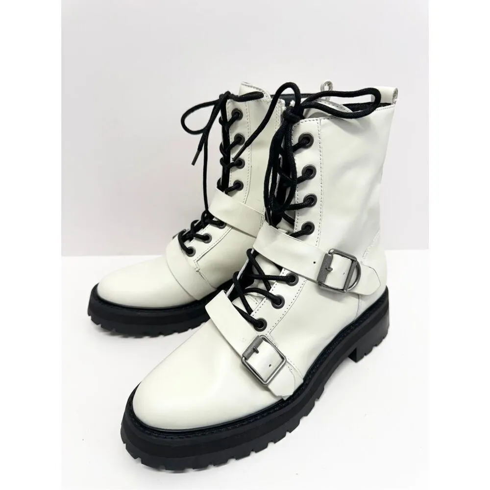 Dolce Vita Combat Boots Size 8 White Leather Round Toe Lace Up Buckle Detail NEW - Image 2