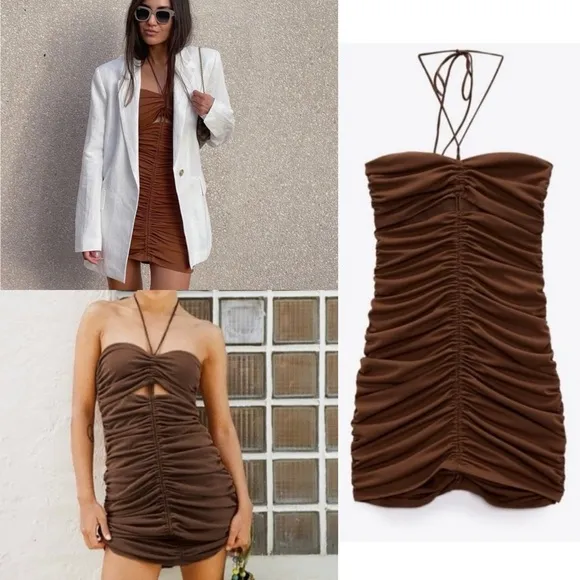 Zara NWT brown ruched gathered mesh mini dress halter neck tie & cutout detail - Image 2
