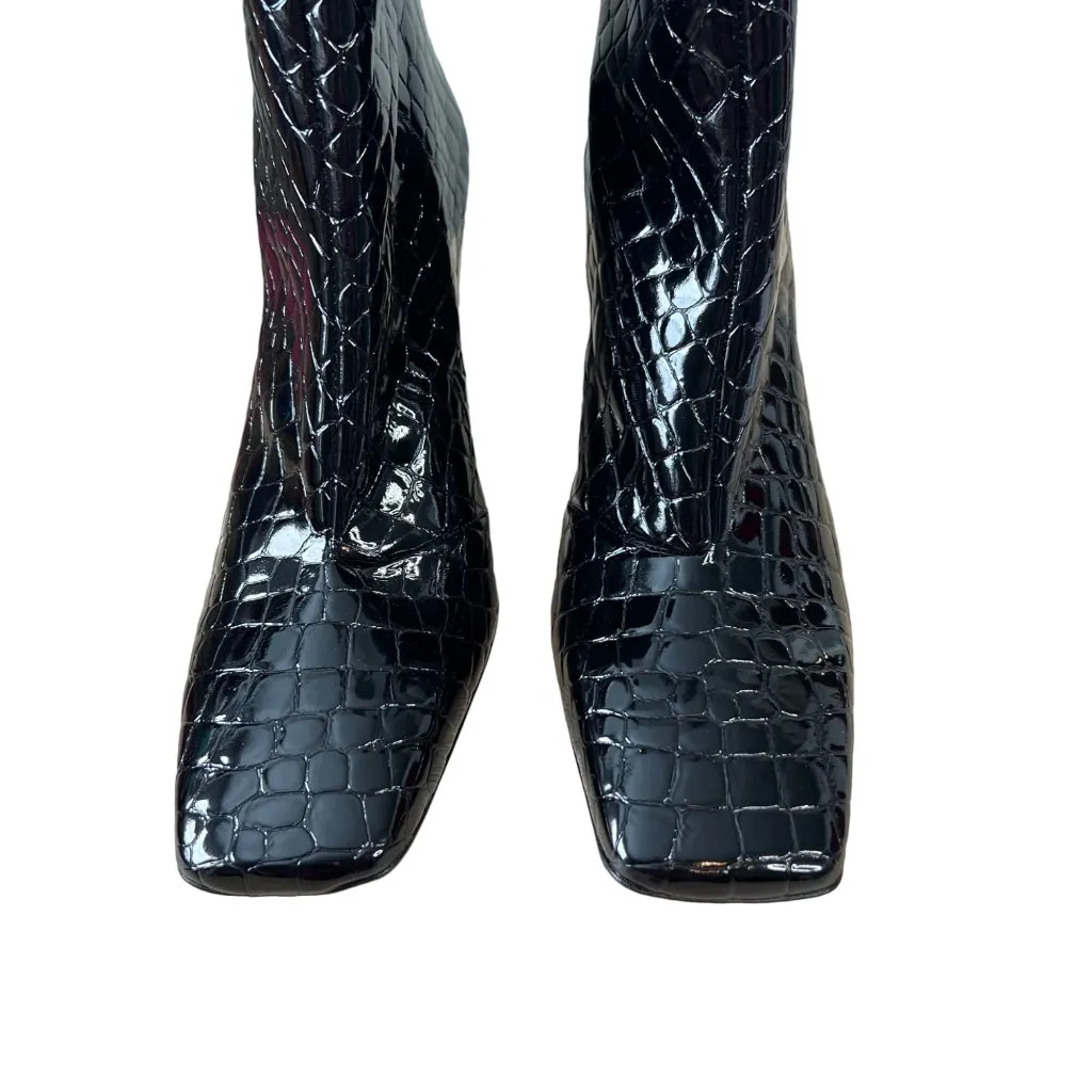 Good American Black Heel Ankle Boot Size 12 Patent Croc Embossed Square Toe NEW - Image 9