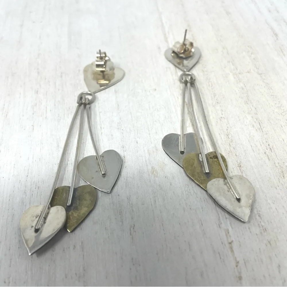 Sterling silver triple heart dangle post earrings, vintage - Image 9