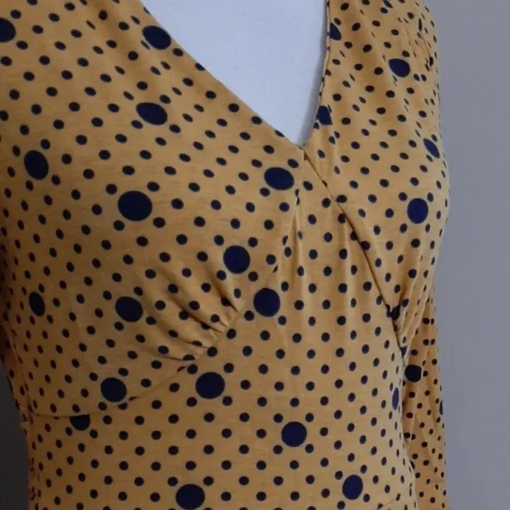 Mustard Yellow & Navy Polka Dots Midi Dress 3/4 Sleeves Frock Shop ModCloth - Image 2