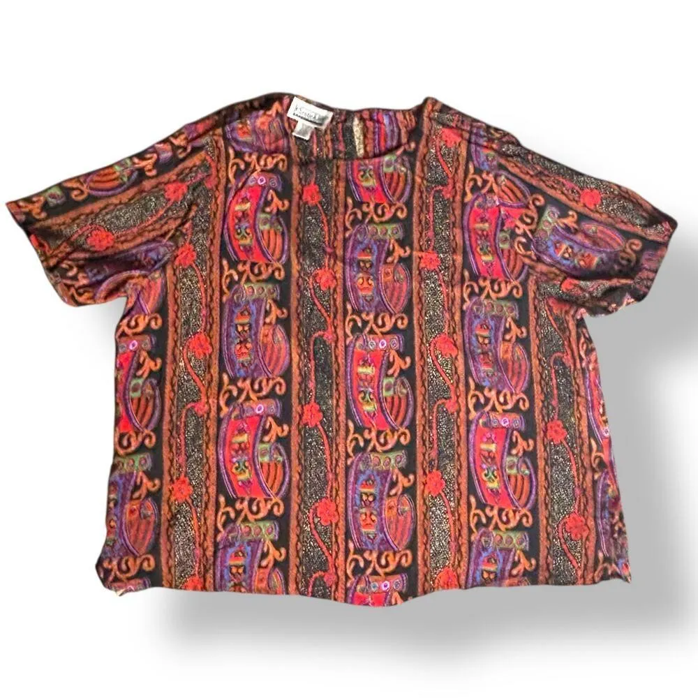 Vintage Silk Blouse 24W Bold Print Black Red Purple Scroll Pattern Top Crewneck - Image 5