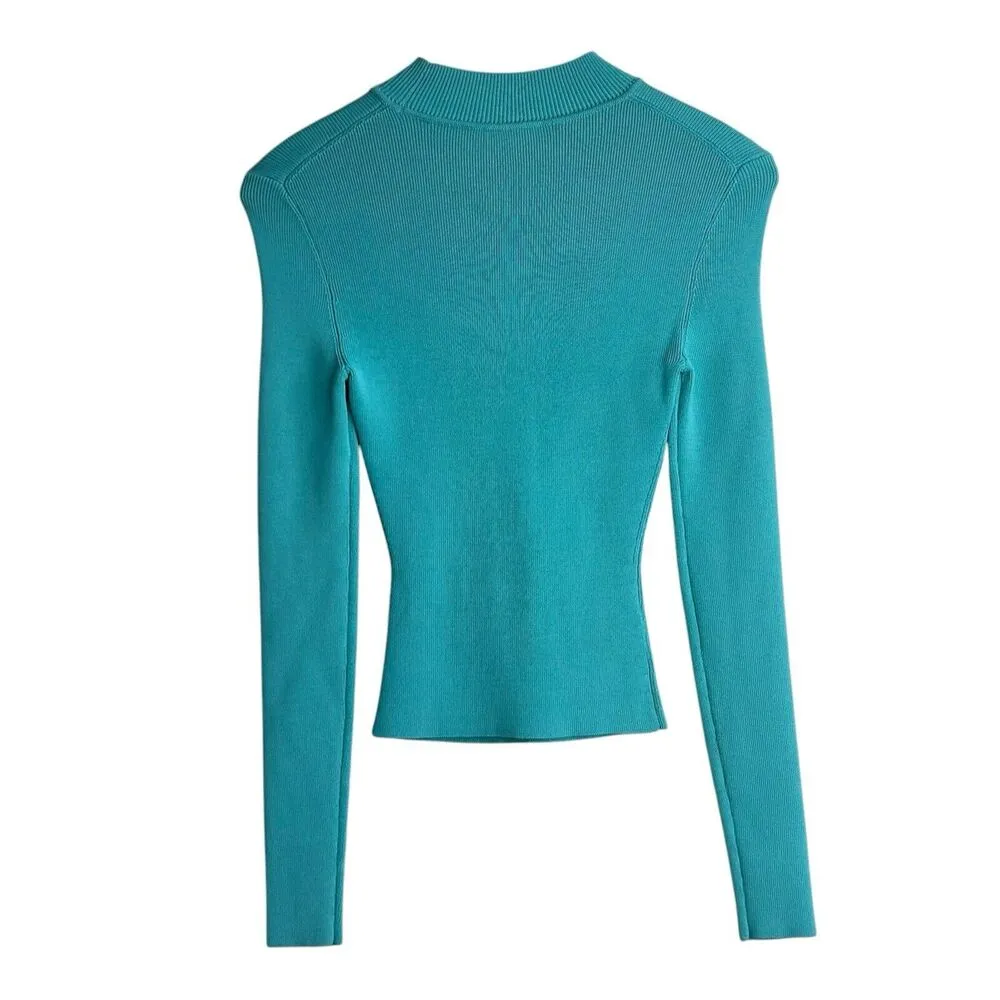 STAUD Clara Knit Top Long Sleeve Small Turquoise Heart Cutout Ribbed Knit NWT - Image 4