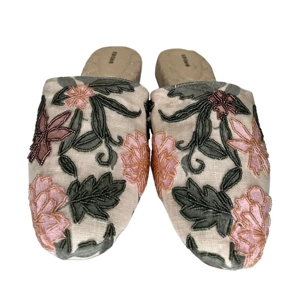 Birdies Songbird Linen Cream Embroidered And Beaded Floral Mules Size 8.5 - Image 4