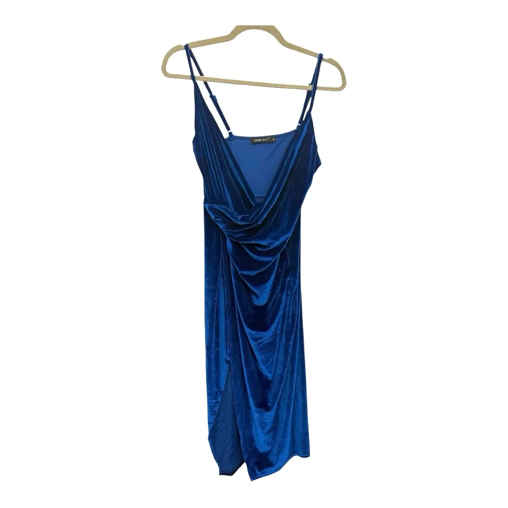 Double Crazy Royal Blue Velvet Midi Dress M Draped Front Slit Party Cocktail Size M - Image 5