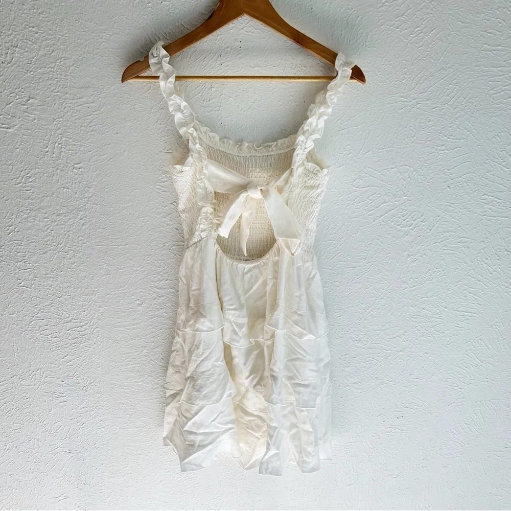 Lulu’s Super Sweet White Smocked Ruffled Tie-Back Mini Dress Medium - Image 4