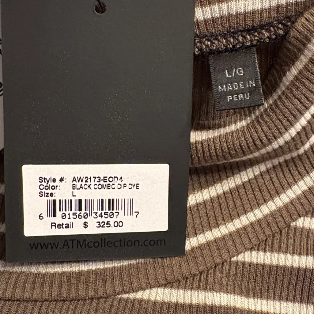 ATM women Stripe Knit Dress stretch long sleeve olive green Black cream Sz L NWT Size L - Image 6