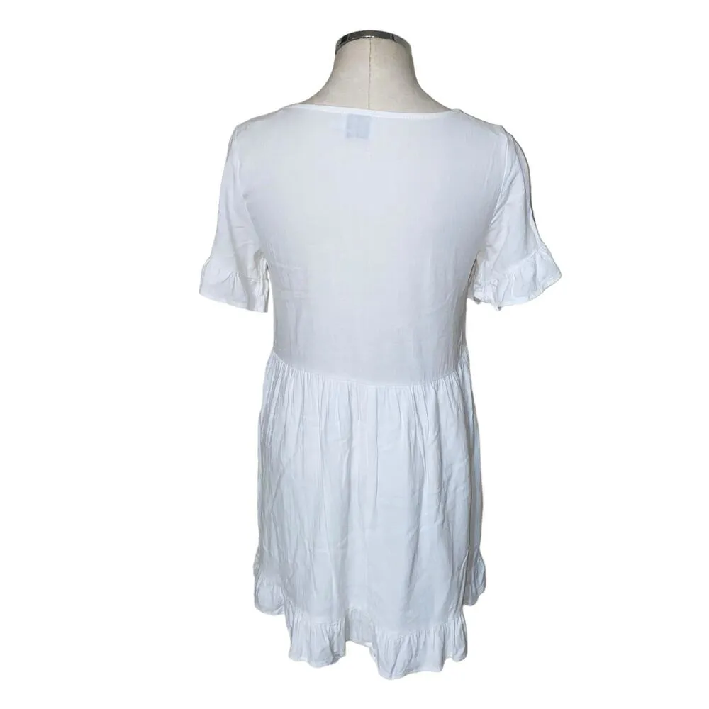 White Linen Blend Square Neck Babydoll Mini Dress Size 8 - Image 3