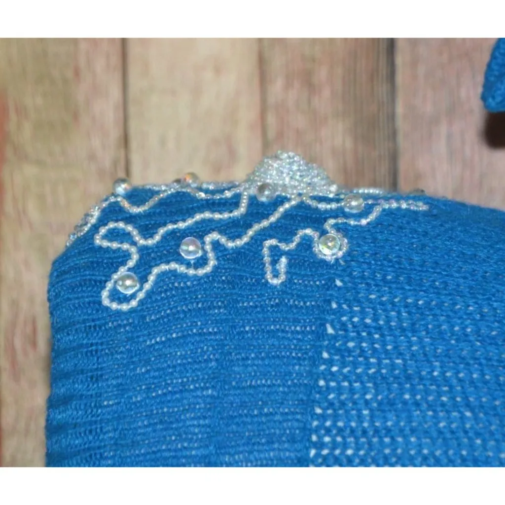 Faux Pearl Hand Embellished Vintage Ladies M Blue Silk Linen Agora Blend Sweater Size M - Image 6