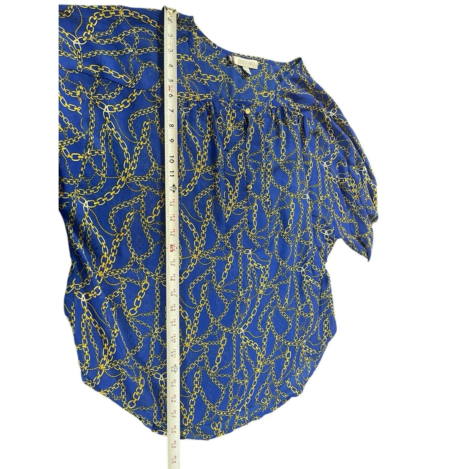Jennifer Lopez 1X Sheer Blue Gold Chain Print Equestrian Nautical Mob Wife Top - Image 5
