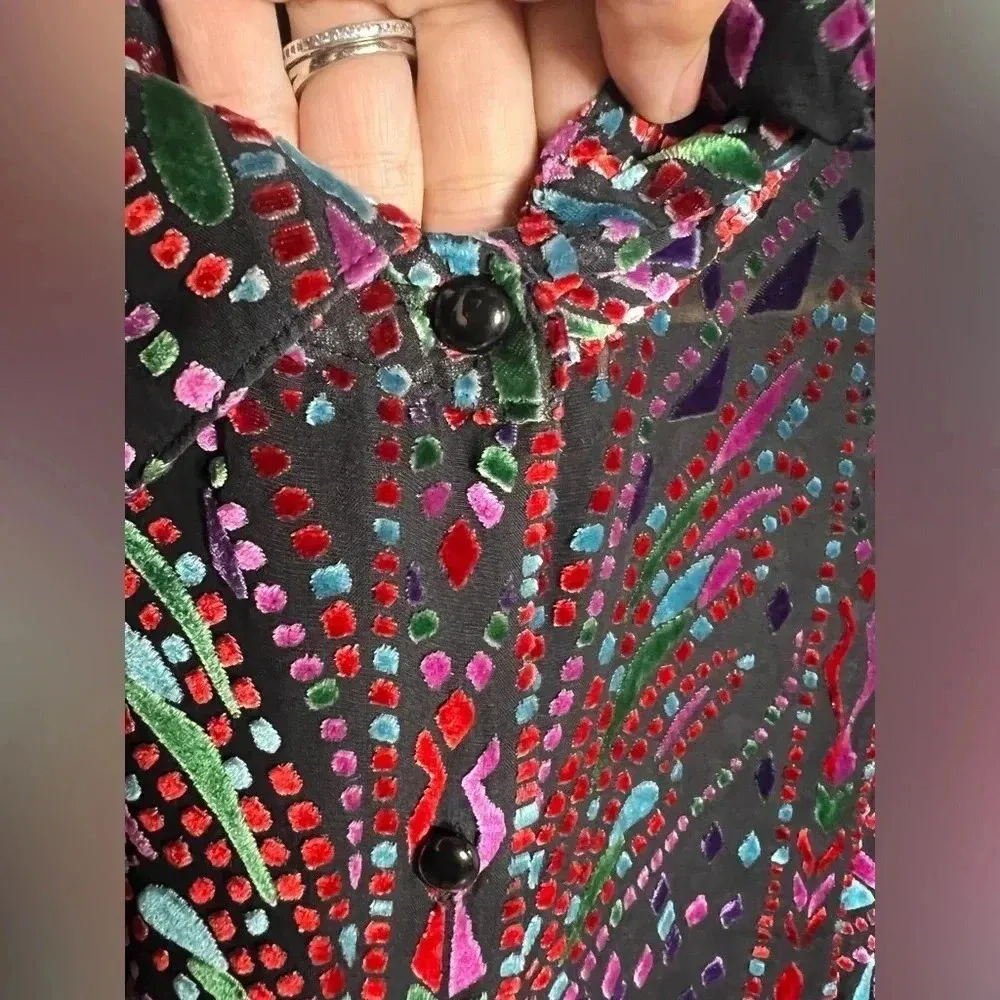 Bob Mackie Vintage Wearable Art Silk Blouse Tunic Butterfly Burnout Velour - Image 3