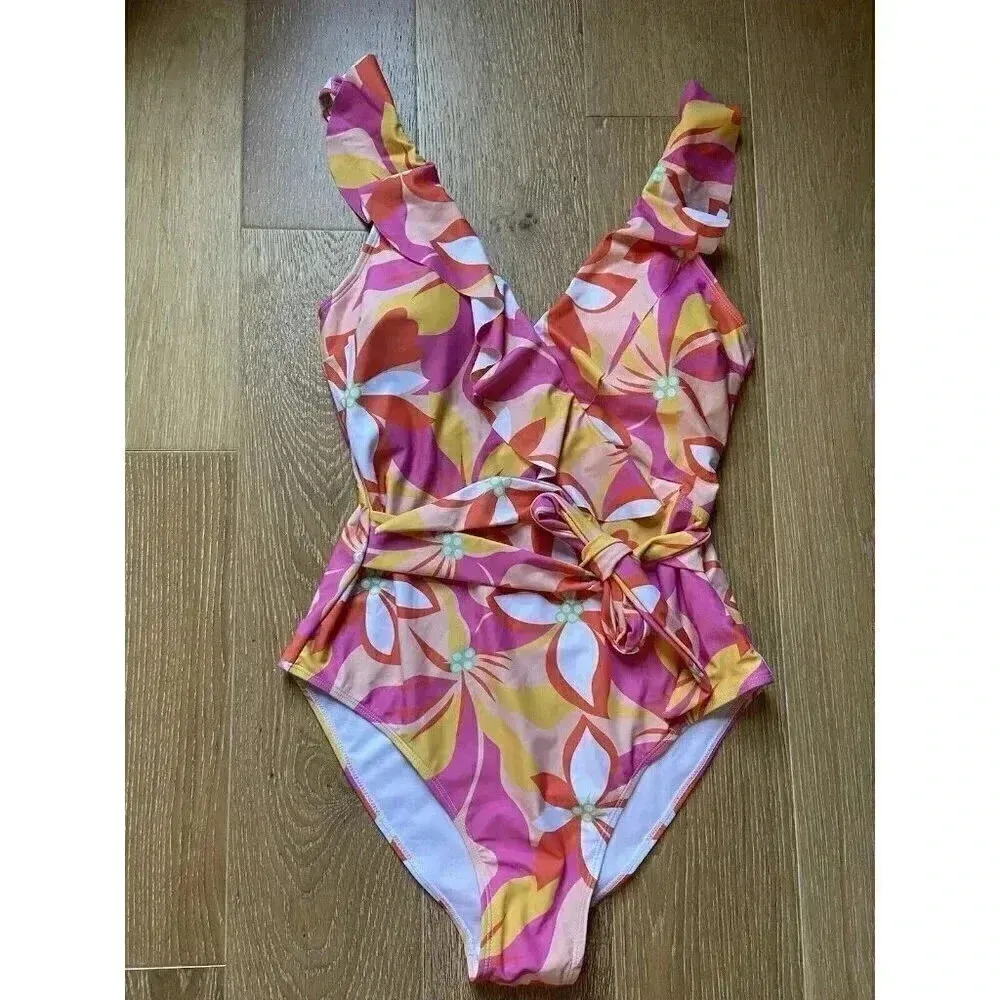 Women's Bathing Suit Pink Lily Tropic Like Hot‎ One Piece Swimsuit  Size L NEW - Image 4