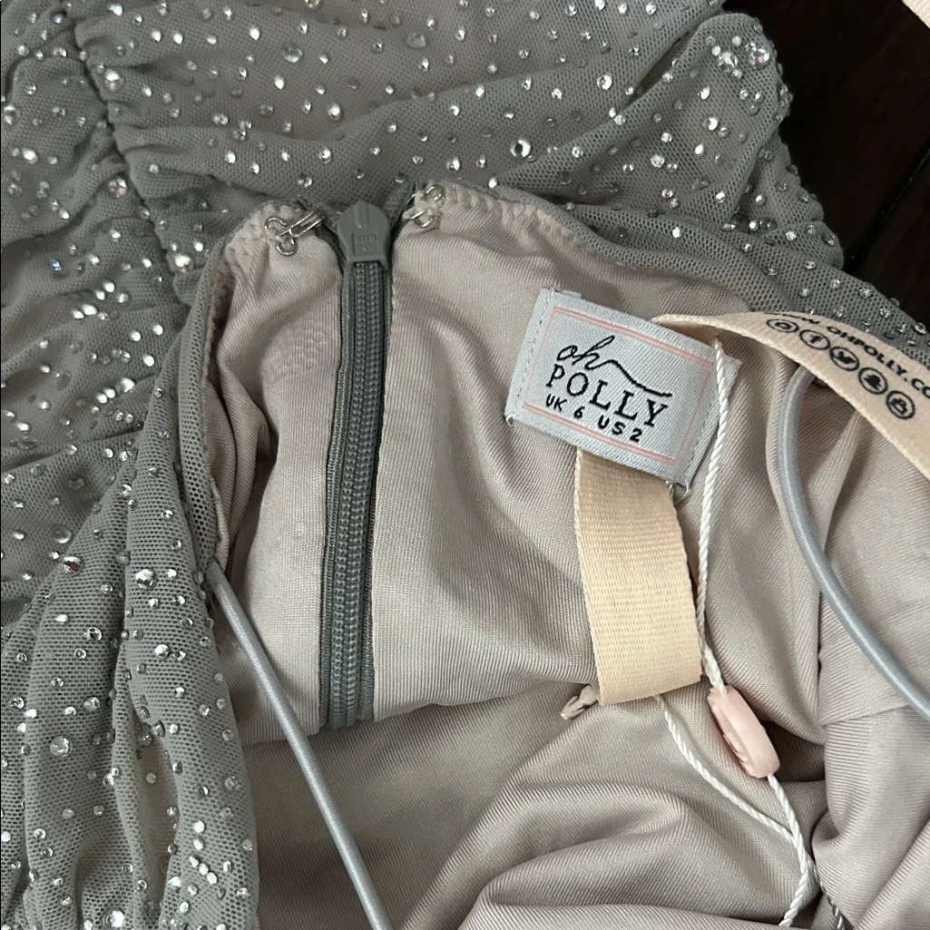 NWT Oh Polly Elegant Silver Beaded Mini Ruched Dress Size 2 - Image 4