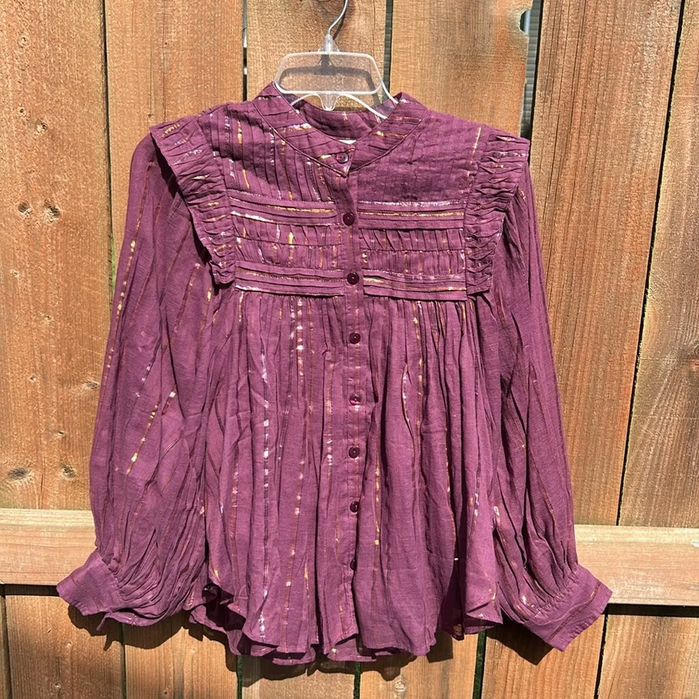 FARM Rio Long Sleeve Pleated Yoke Burgundy Button Down Blouse Size XXS NWT - Image 11