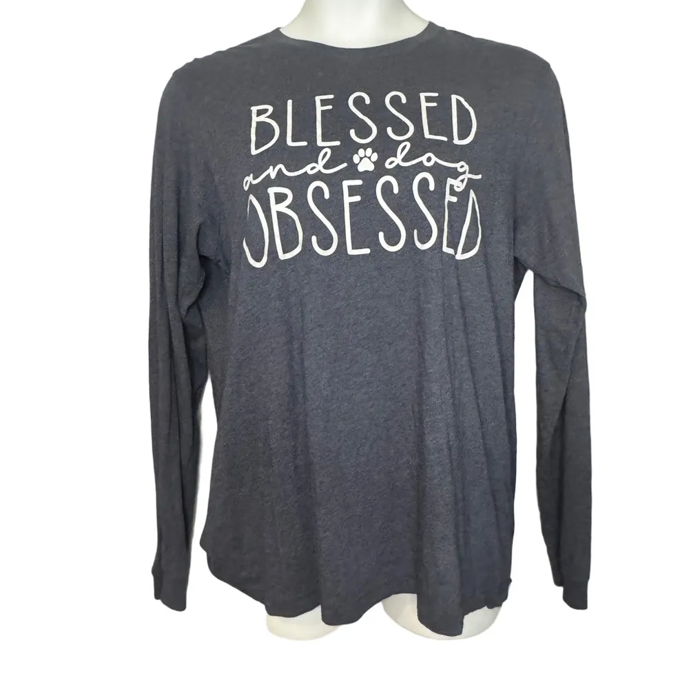 Heather Blue Blessed and Dog Obsessed Long Sleeve Graphic Shirt - Image 5