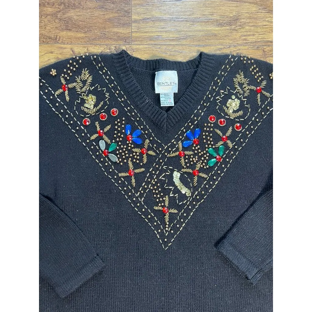 Vtg 80s Sweater Black Embellished Beaded Jewels Sequin Shoulder Pads M Size M - Image 2