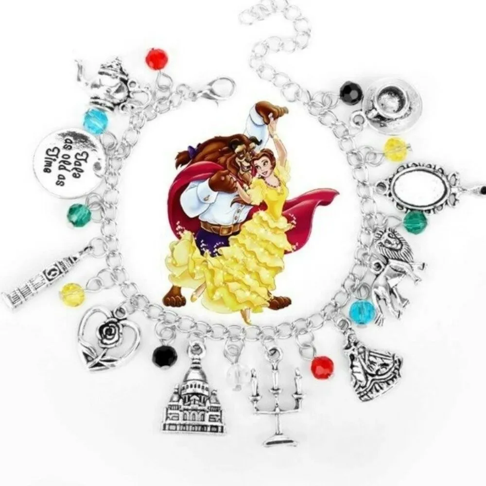 Disney Beauty and the Beast Charm Bracelet Belle Beast Rose Teacup Mirror Castle Silver - Image 2