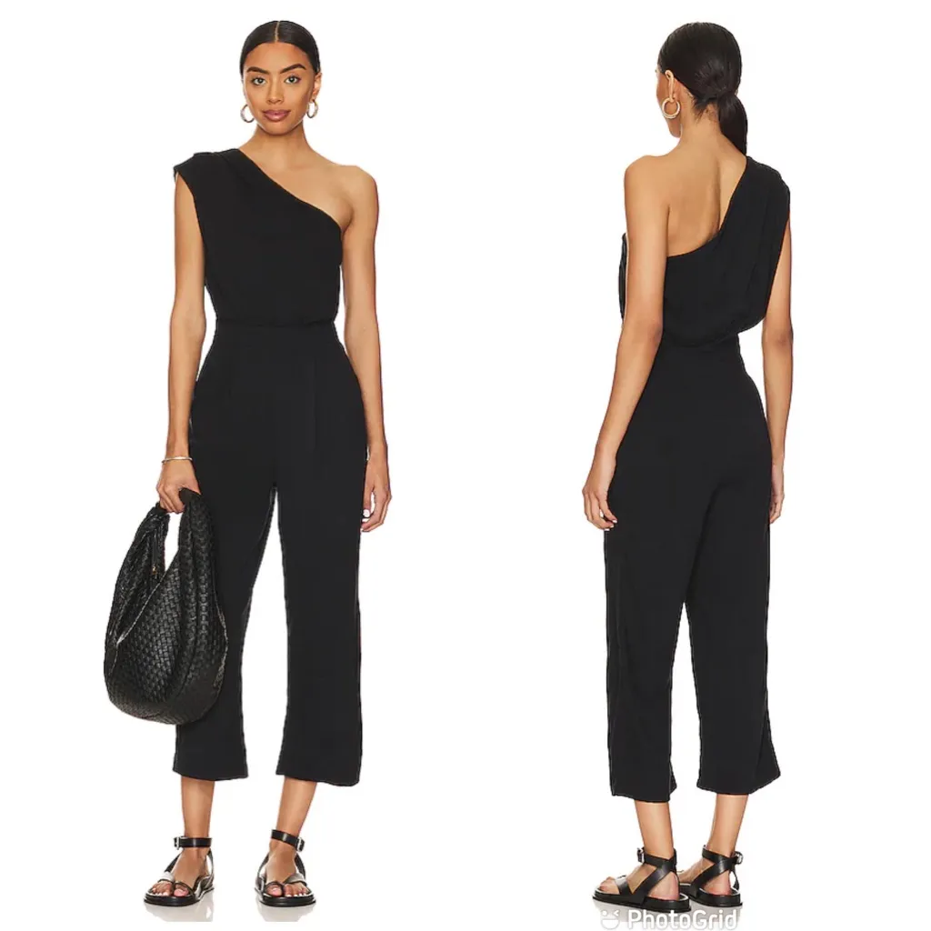 FREE PEOPLE Avery Black One Shoulder Jumpsuit Sleeveless Wide Leg Cropped Size 0 - Image 2