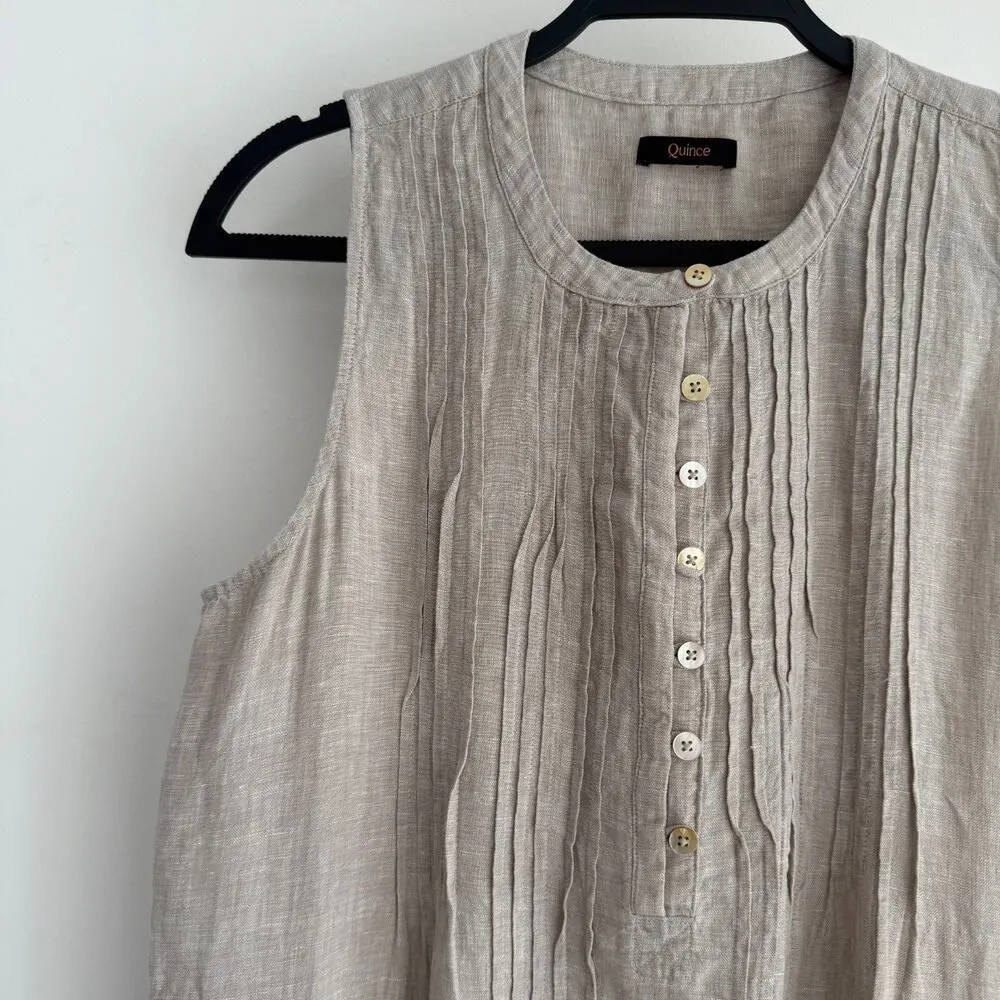 Quince European Linen Swing Dress Small Beige Flax Color Sleeveless Pintuck - Image 3