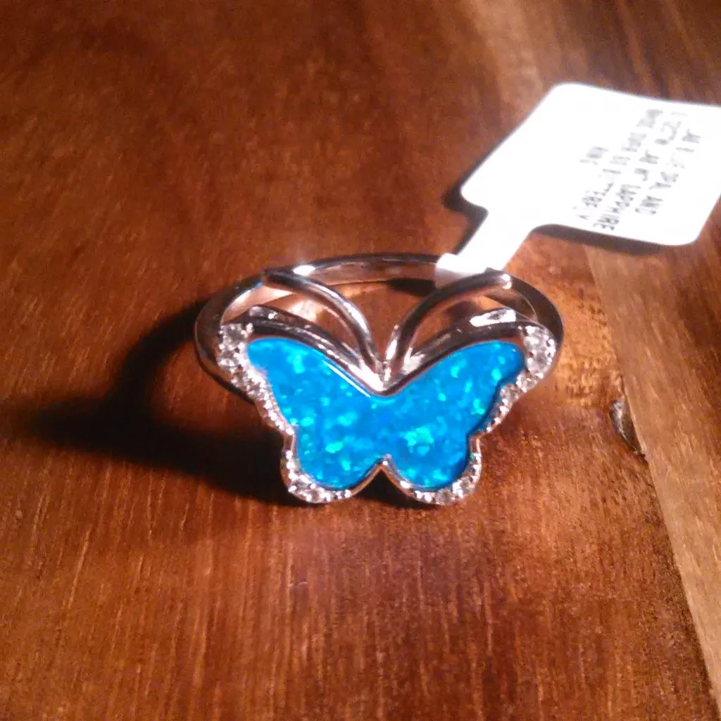 Blue Lab Created Opal Sterling Silver Butterfly Ring (Size 9) - Image 6