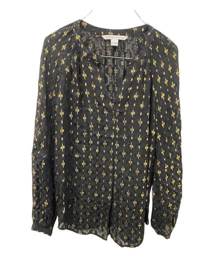 DVF Diane Von Furstenberg Freddie Top 0 Black Gold Silk Long Sleeve V-Neck Print - Image 2